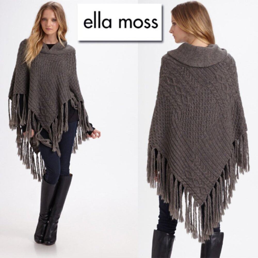 Ella Moss Size XS/S Evie Shawl Collar Cable Knit Fringed Poncho